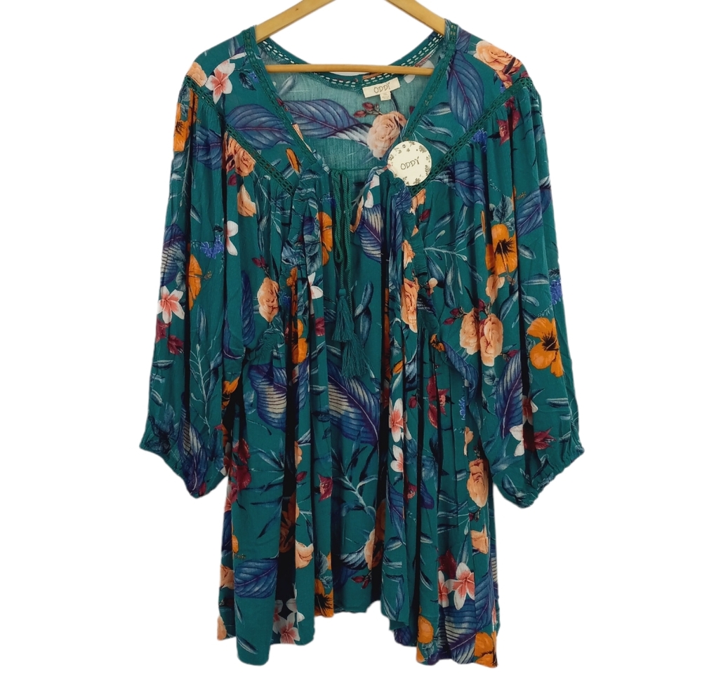 ODDY NWT Boho Tassel Tie Detail Floral Balloon Sleeve Peasant Style Tunic Top 1X - Picture 15 of 15